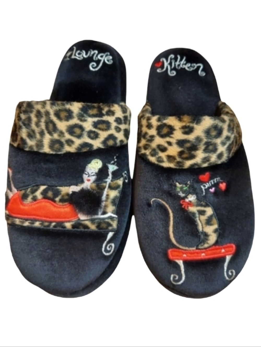 Totes Isotoner Leopard Trim Lounge Kitten Embroidered Mule Slippers